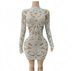 Women's Sexy Pearls Mesh Long Sleeve Bodycon Mini Dress
