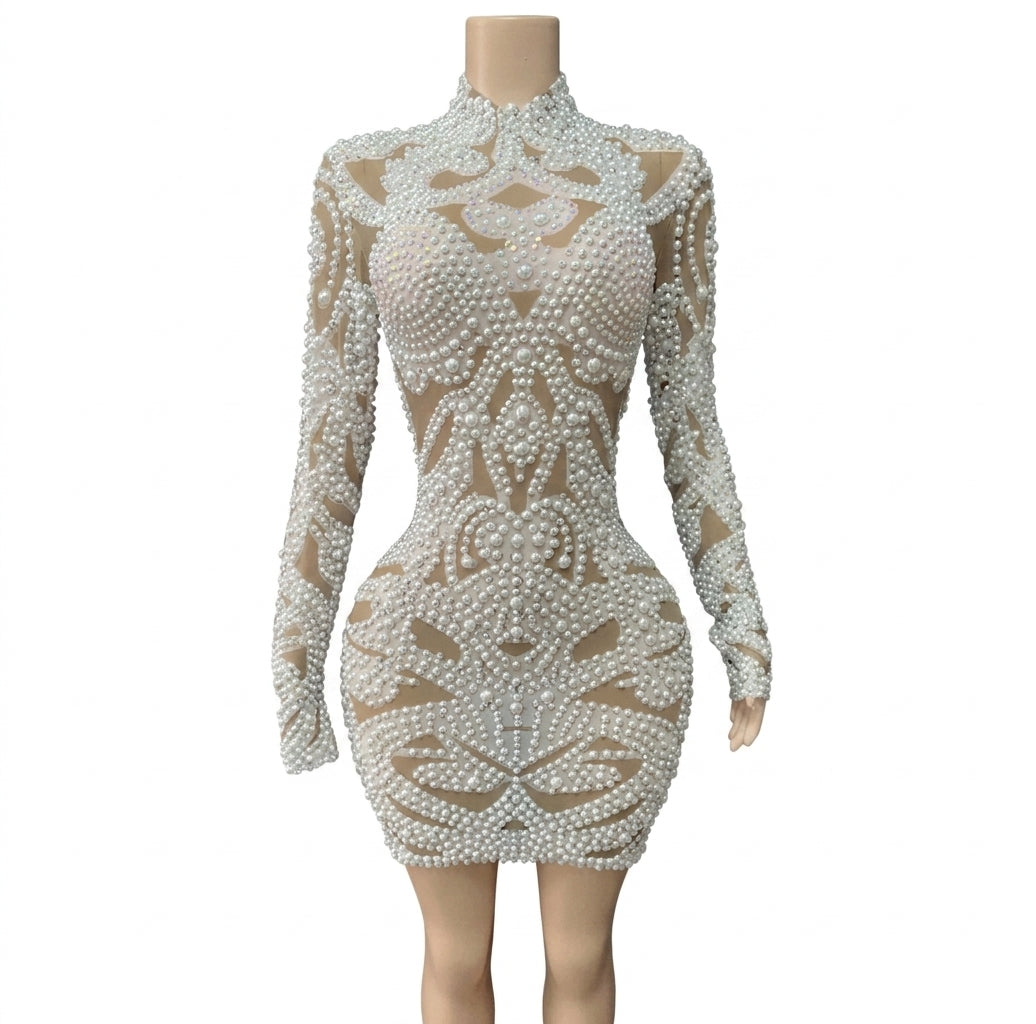 Women's Sexy Pearls Mesh Long Sleeve Bodycon Mini Dress