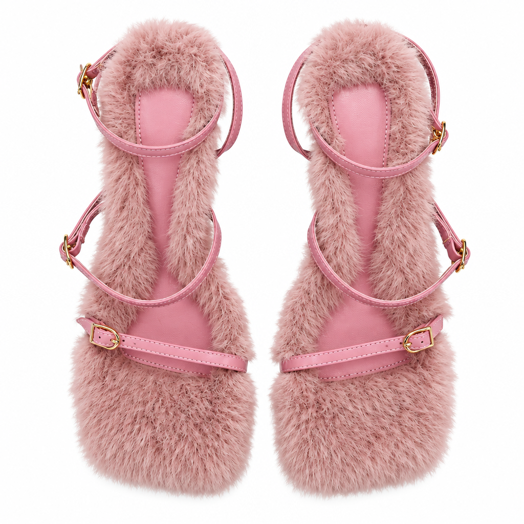 A pair of pink fuzzy platform sandals with thin pink straps and gold-tone buckle details, shown from a top-down view on a white background.