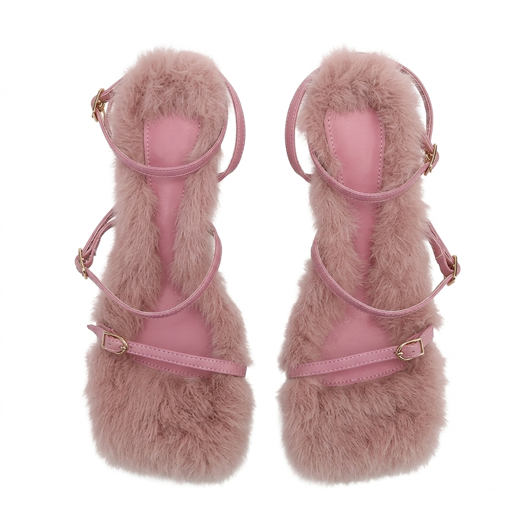 A pair of pink fuzzy platform sandals with thin pink straps and gold-tone buckle details, shown from a top-down view on a white background.