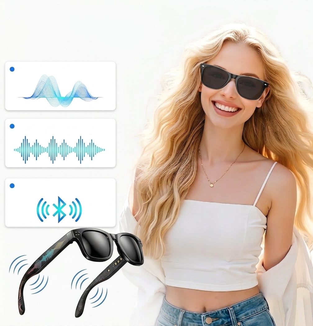 A woman wearing black sunglasses is shown against a bright white background, with feature callouts and a second pair of sunglasses displayed beside her. The graphics suggest voice control and Bluetooth connectivity.