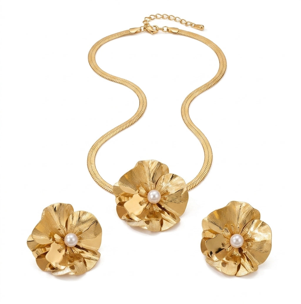 Women's Fashion Elegant Flower Inlaid Pearl Necklace and Earrings Set