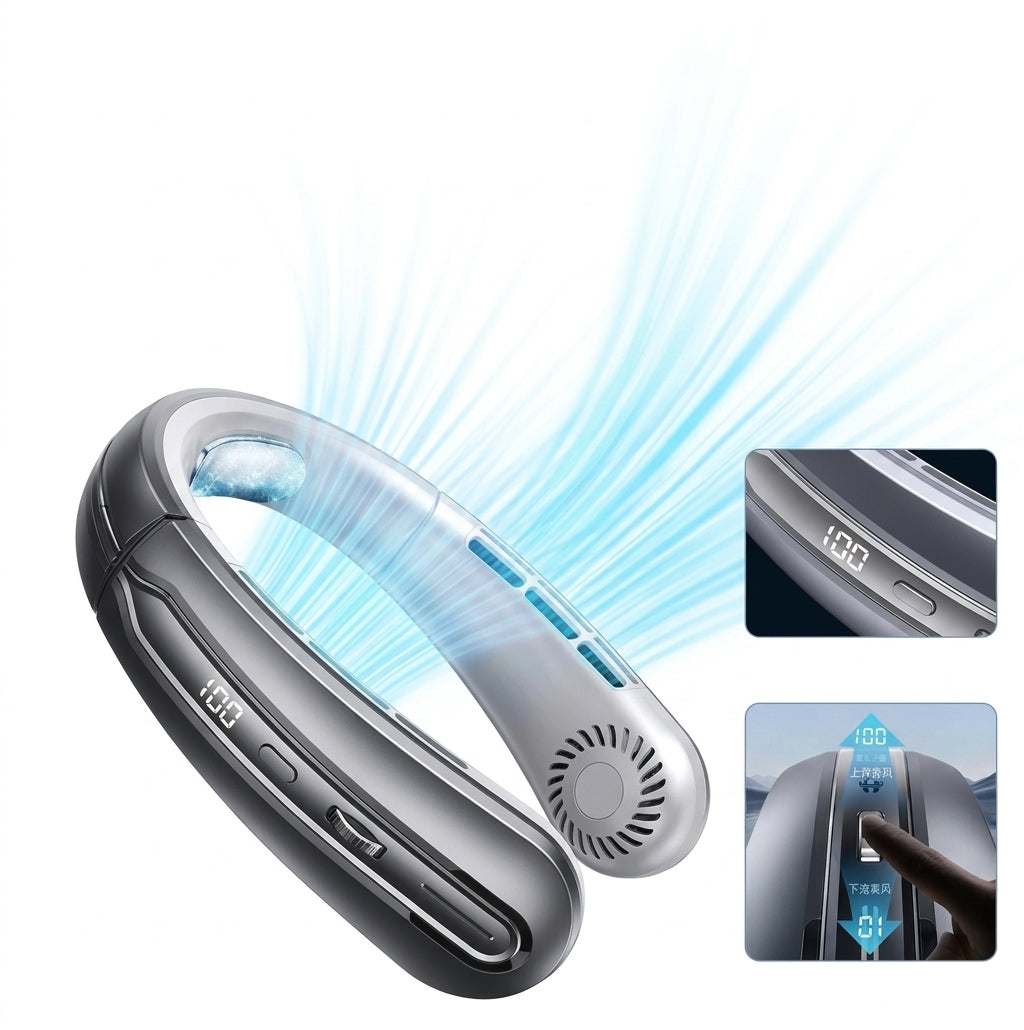 Portable Bladeless Hanging Neck Fan with LED Digital Display Plus Cable