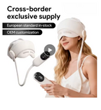 A woman wearing a white eye mask sleep device with a head strap, shown alongside the product floating on the left and a handheld controller. Text at the top reads 'Cross-border exclusive supply' with 'European standard in-stock' and 'OEM customization'.