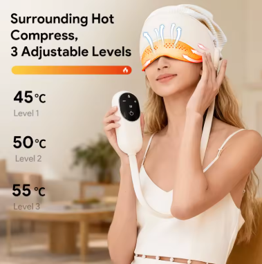 A woman wearing a white hot compress mask with orange heating strips and holding a white handheld controller, with text on the left showing temperature levels 45°C, 50°C, and 55°C.