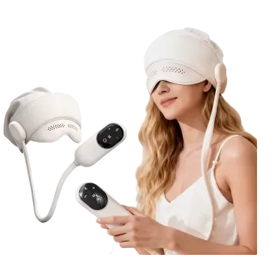 A woman wearing a white eye mask neck massage device with a remote control, shown alongside a floating close-up of the device and remote on a white background.
