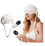 A woman wearing a white eye mask neck massage device with a remote control, shown alongside a floating close-up of the device and remote on a white background.