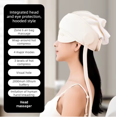 A woman in a white camisole wearing a cream-colored head and eye massage hat, shown in profile. A black text panel on the left lists product features such as integrated head and eye protection, zone air bag massage, wrap-around hot compress, and lithium battery.