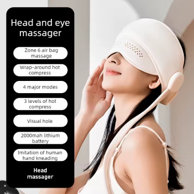 A woman wearing a white head and eye massager device over her eyes, with a black text panel on the left listing features such as zone 6 air bag massage, wrap-around hot compress, and 2000mAh lithium battery.