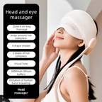 A woman wearing a white head and eye massager device over her eyes, with a black text panel on the left listing features such as zone 6 air bag massage, wrap-around hot compress, and 2000mAh lithium battery.