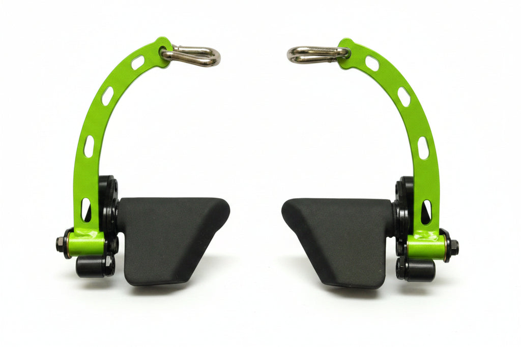 Green and black archery bow stand with measurements on a white background