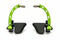 Green and black archery bow stand with measurements on a white background