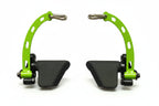 Green and black archery bow stand with measurements on a white background