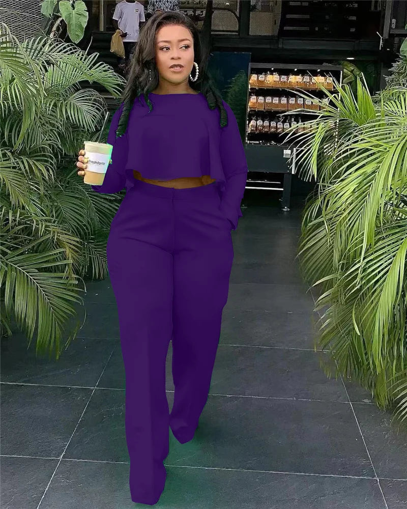 Women's Two Piece Ruffle Crop Top and Wide Leg Pants Set