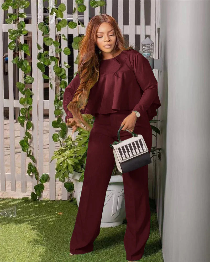Women's Two Piece Ruffle Crop Top and Wide Leg Pants Set