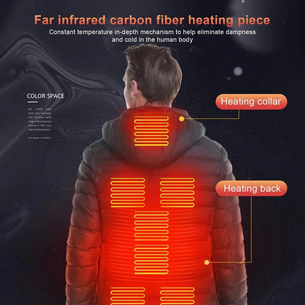 Men's Warm USB Electric Heated Hooded Winter Parka Coat 12