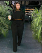 Women's Two Piece Ruffle Crop Top and Wide Leg Pants Set