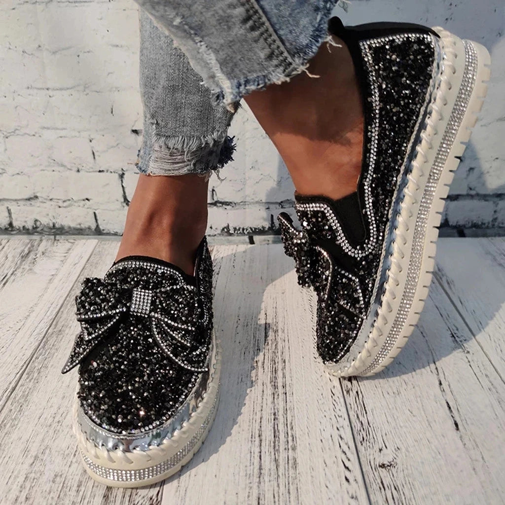 Women's Rhinestone Platform Loafers Casual Glitter Slip-On Shoes