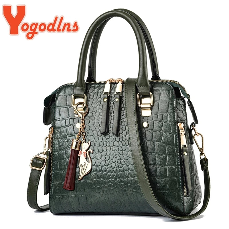 Women's Crocodile Pattern Tassel Shoulder Crossbody Bag