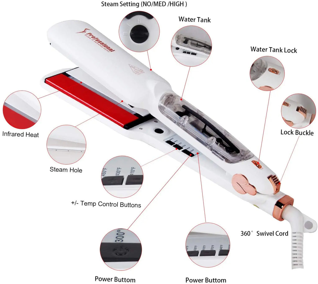 RUCHA Infrared Steam Hair Straightener 2-inch Ceramic Tourmaline Flat Iron