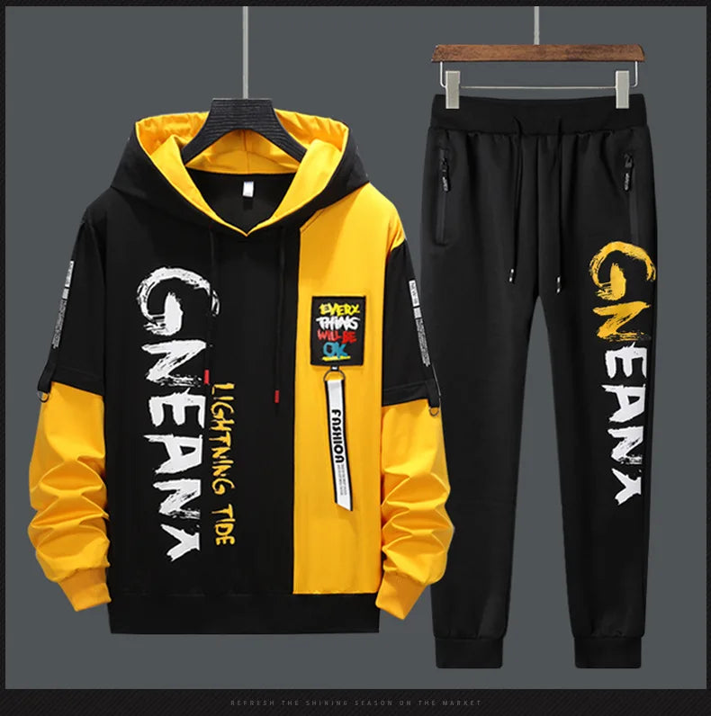 Men's Patchwork Hoodie and Sweatpants Tracksuit Set