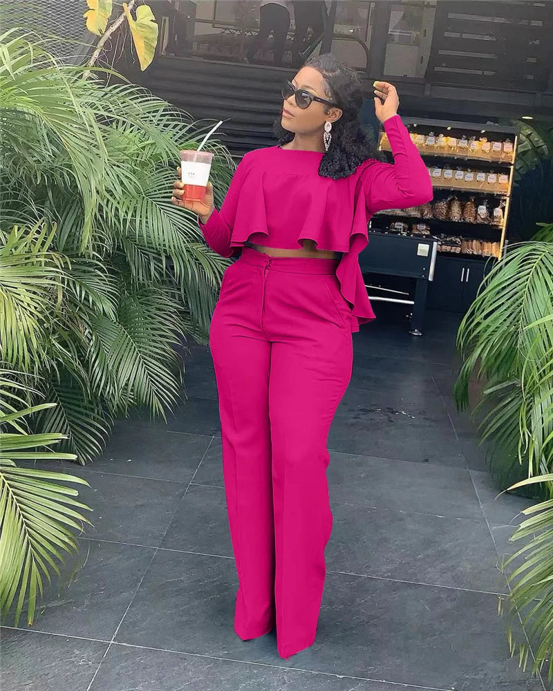 Women's Two Piece Ruffle Crop Top and Wide Leg Pants Set