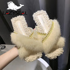 Women's Beaded Faux Fur Flat Slide Slippers