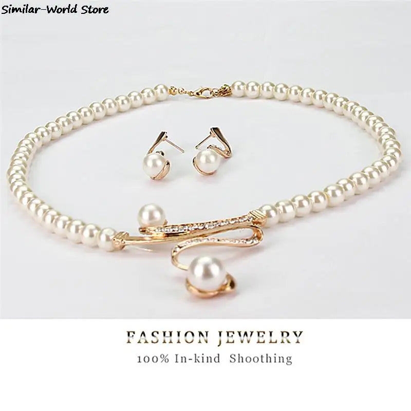 Women's Fashion Elegant Pearl Rhinestone Necklace Earrings Jewelry Set