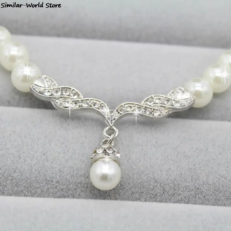 Women's Fashion Elegant Pearl Rhinestone Necklace Earrings Jewelry Set