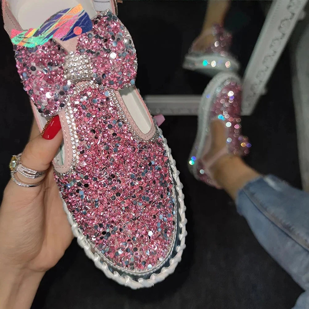 Women's Rhinestone Platform Loafers Casual Glitter Slip-On Shoes