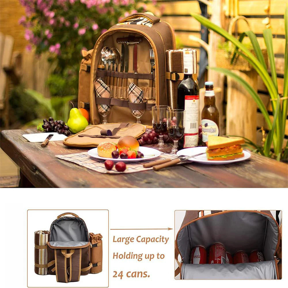Insulated 4-Person Picnic Backpack with Cooler Compartment