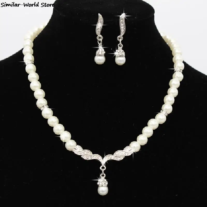 Women's Fashion Elegant Pearl Rhinestone Necklace Earrings Jewelry Set