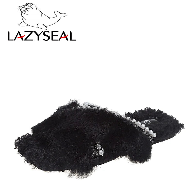 Women's Beaded Faux Fur Flat Slide Slippers