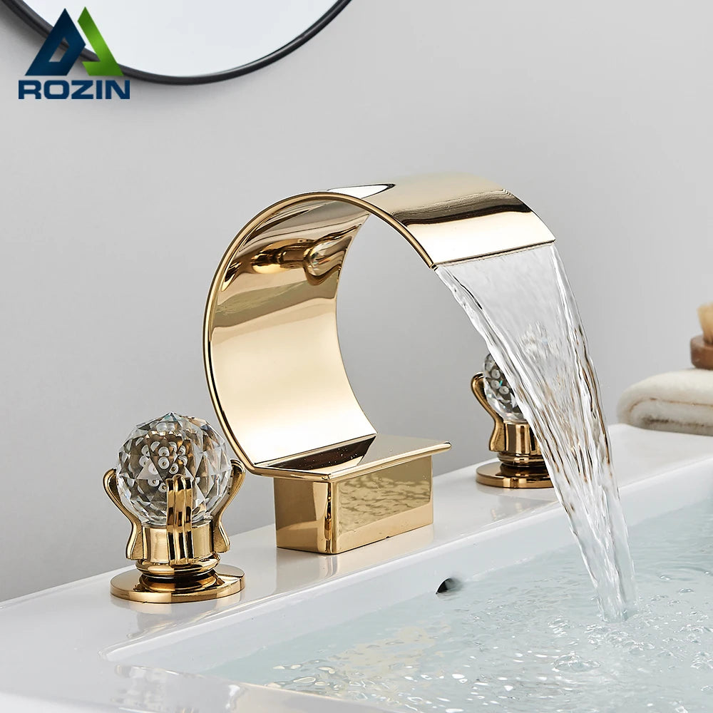 Waterfall Basin Faucet and Dual Crystal Handle Bathroom Mixer Tap