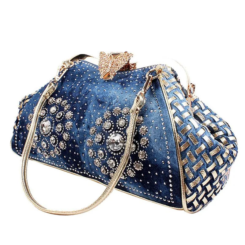 Denim Rhinestone Clutch Bag with Butterfly Decoration for Women