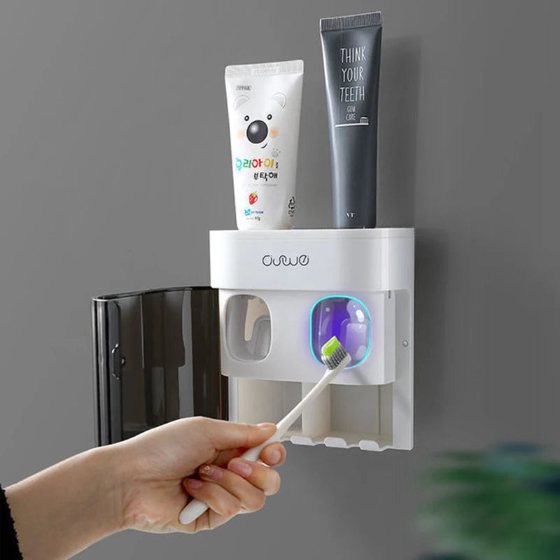 Wall Mount Automatic Toothpaste Dispenser with Magnetic Toothbrush Holder