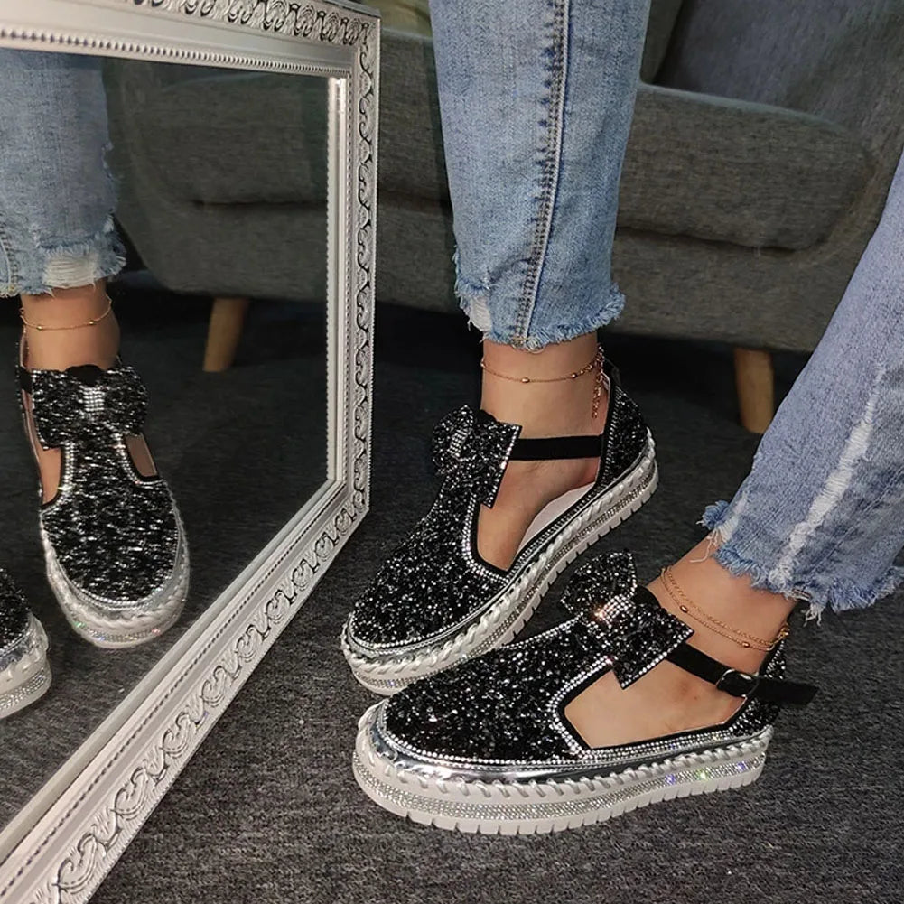 Women's Rhinestone Platform Loafers Casual Glitter Slip-On Shoes