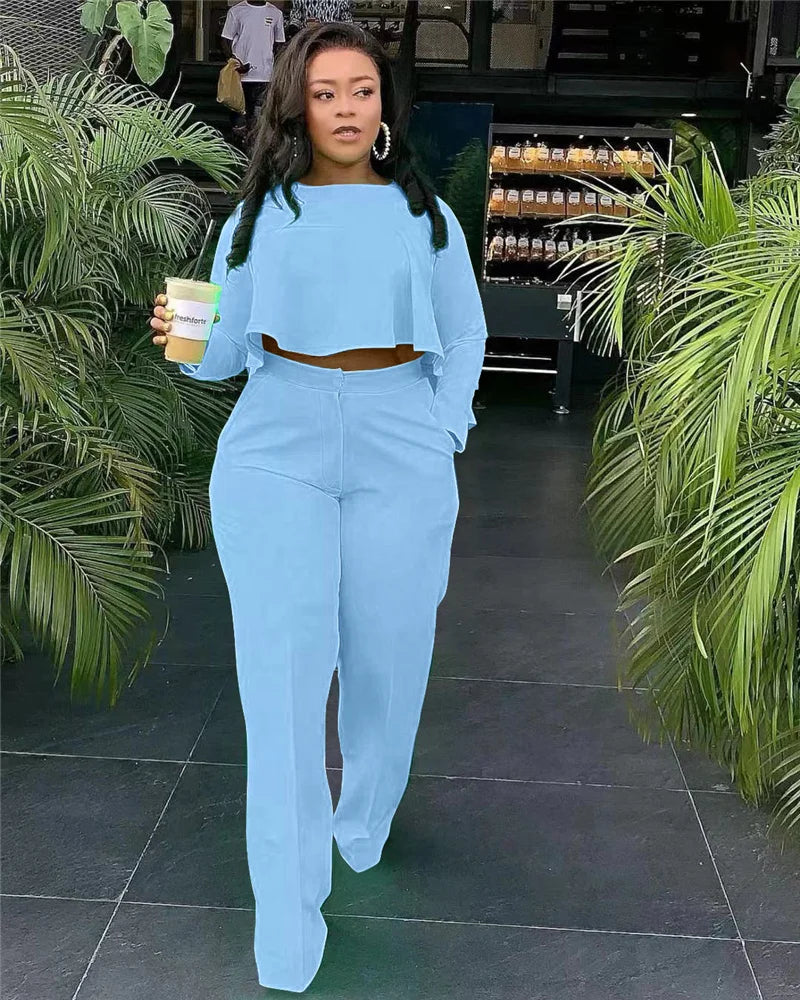 Women's Two Piece Ruffle Crop Top and Wide Leg Pants Set