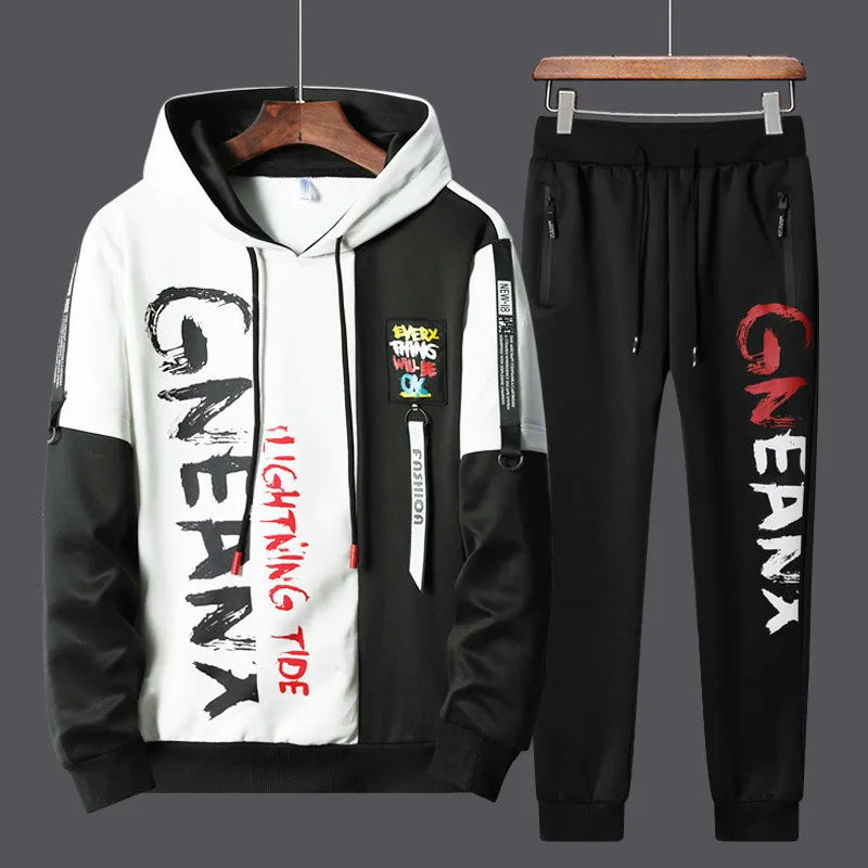 Men's Patchwork Hoodie and Sweatpants Tracksuit Set