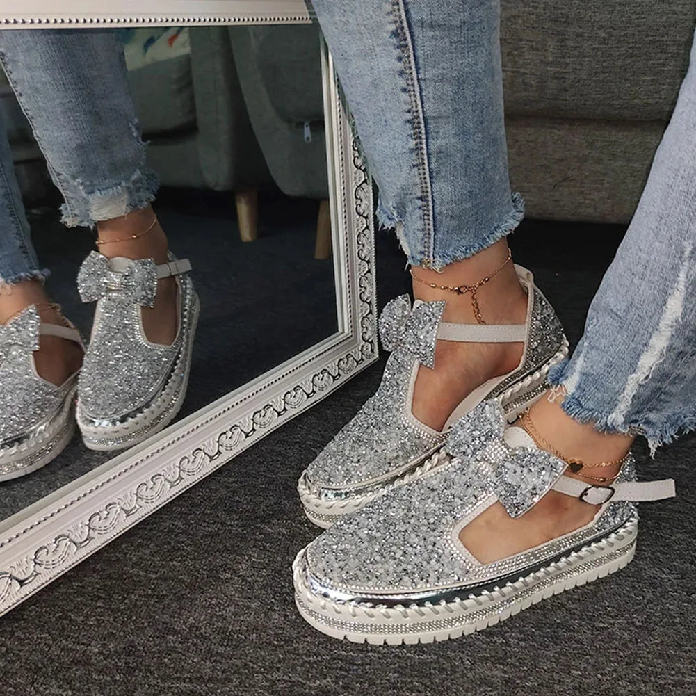 Women's Rhinestone Platform Loafers Casual Glitter Slip-On Shoes