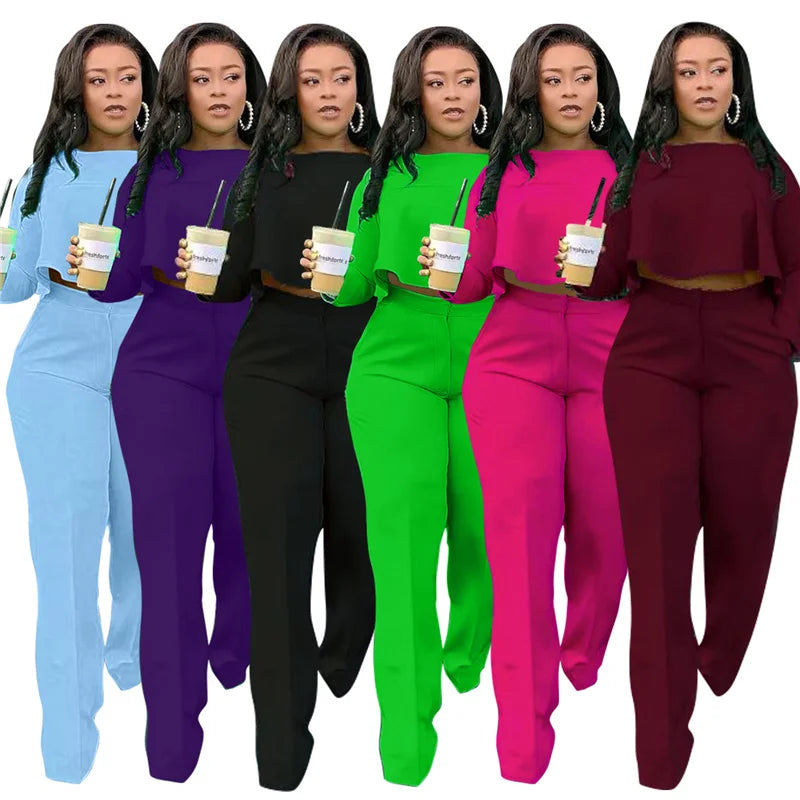 Women's Two Piece Ruffle Crop Top and Wide Leg Pants Set