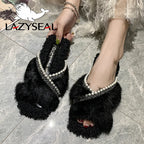 Women's Beaded Faux Fur Flat Slide Slippers