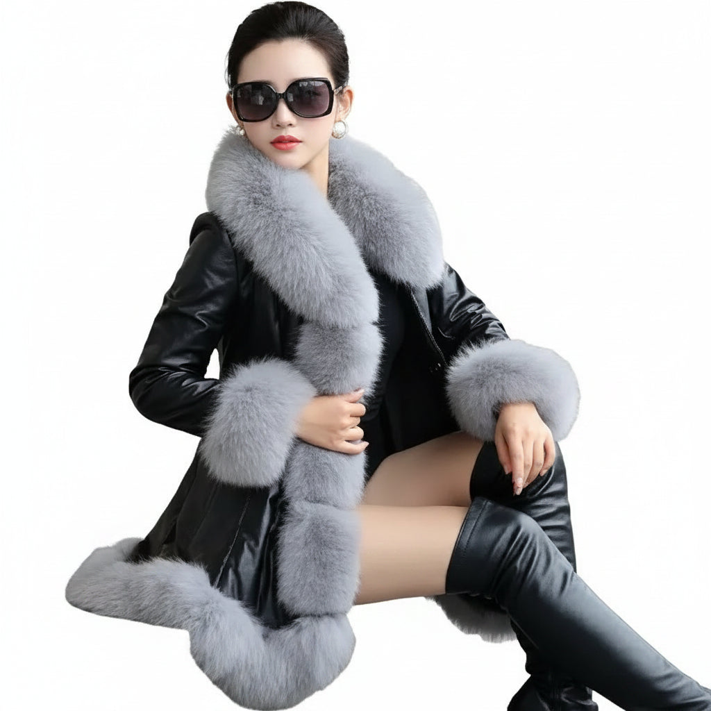 Women's Thick Warm Faux Fur Leather Mid-Long Parka Coat