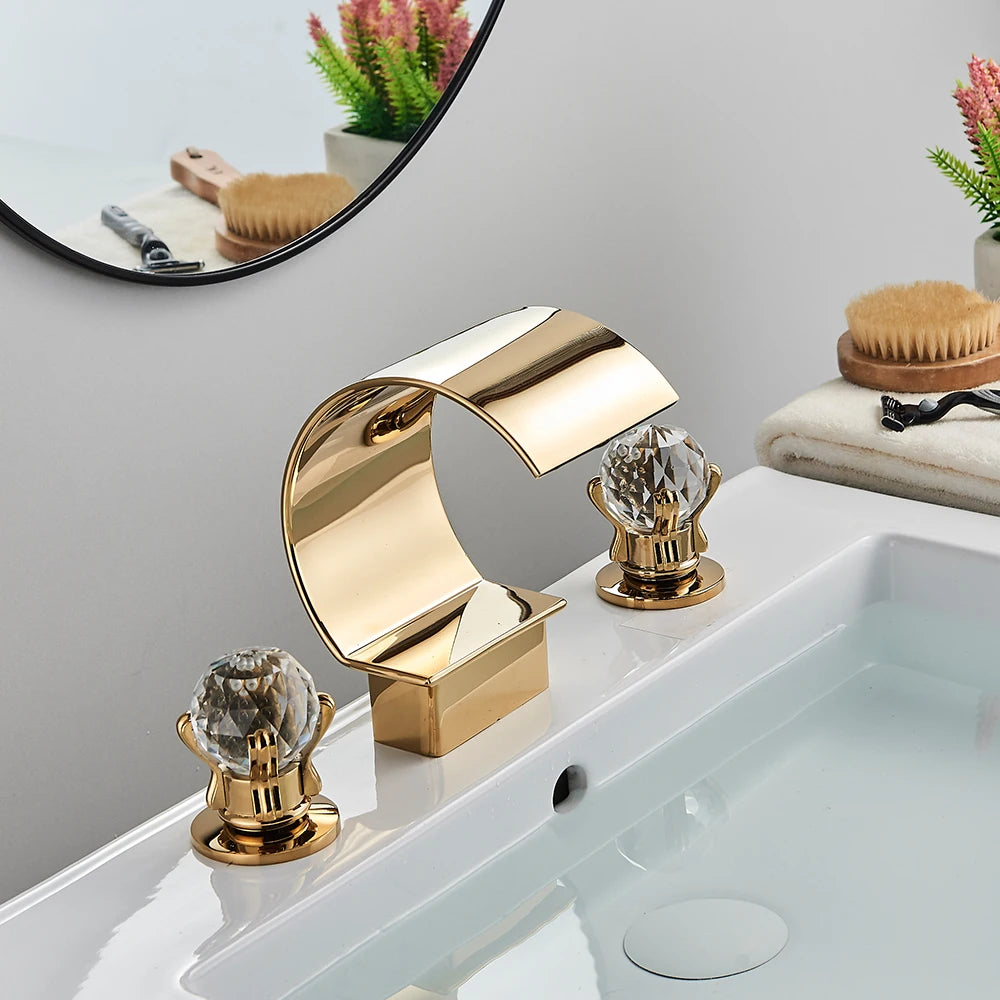 Waterfall Basin Faucet and Dual Crystal Handle Bathroom Mixer Tap