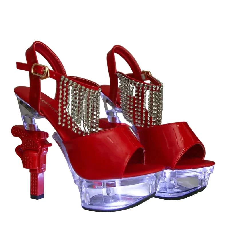 Women's Patent Leather Rhinestone Sandals and Platform High Heels