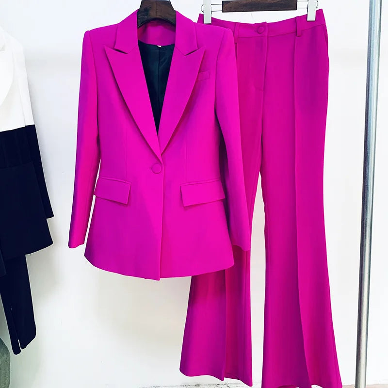 Women's Single Button Blazer and Flared Pants Suit Set