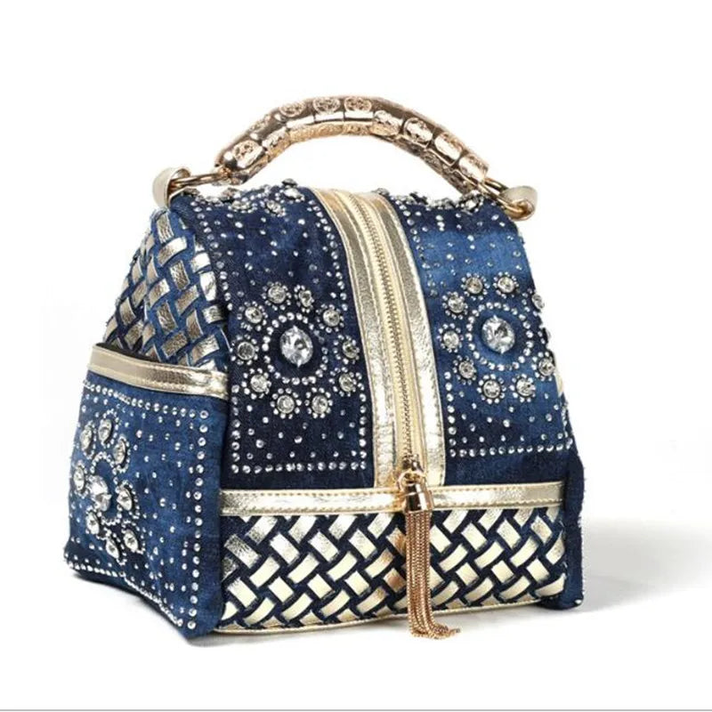 Denim Shoulder Bag with Diamond Tassels 7.9x5.9x5.9in