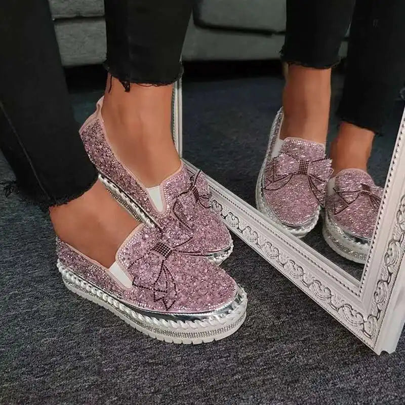 Women's Rhinestone Platform Loafers Casual Glitter Slip-On Shoes