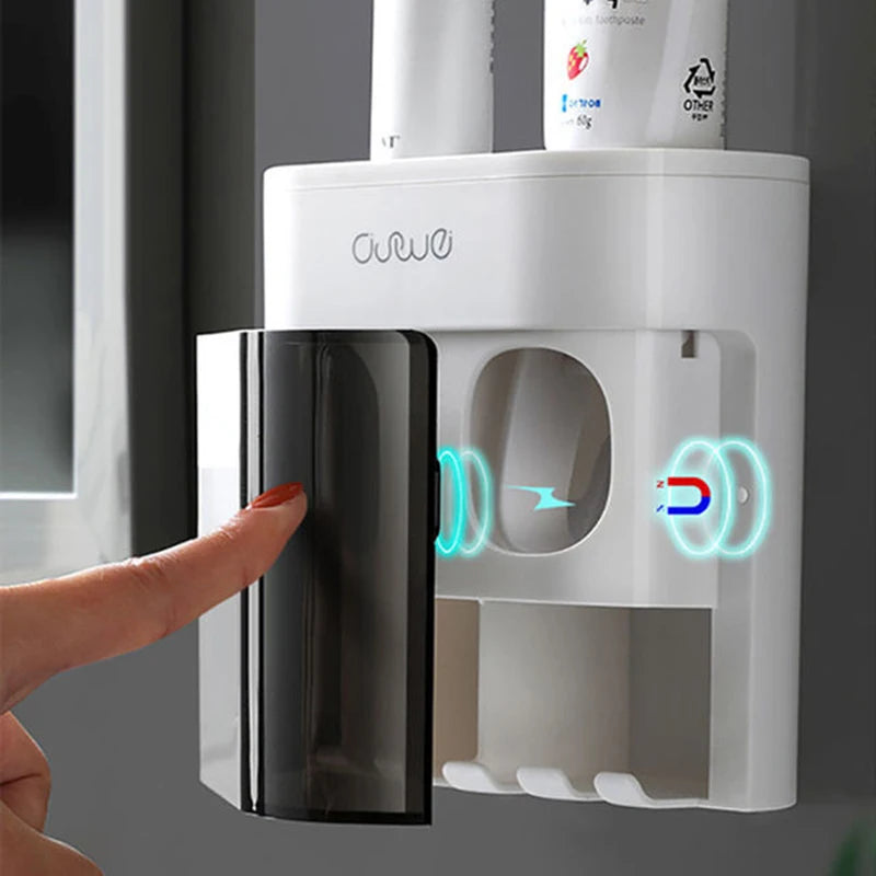 Wall Mount Automatic Toothpaste Dispenser with Magnetic Toothbrush Holder