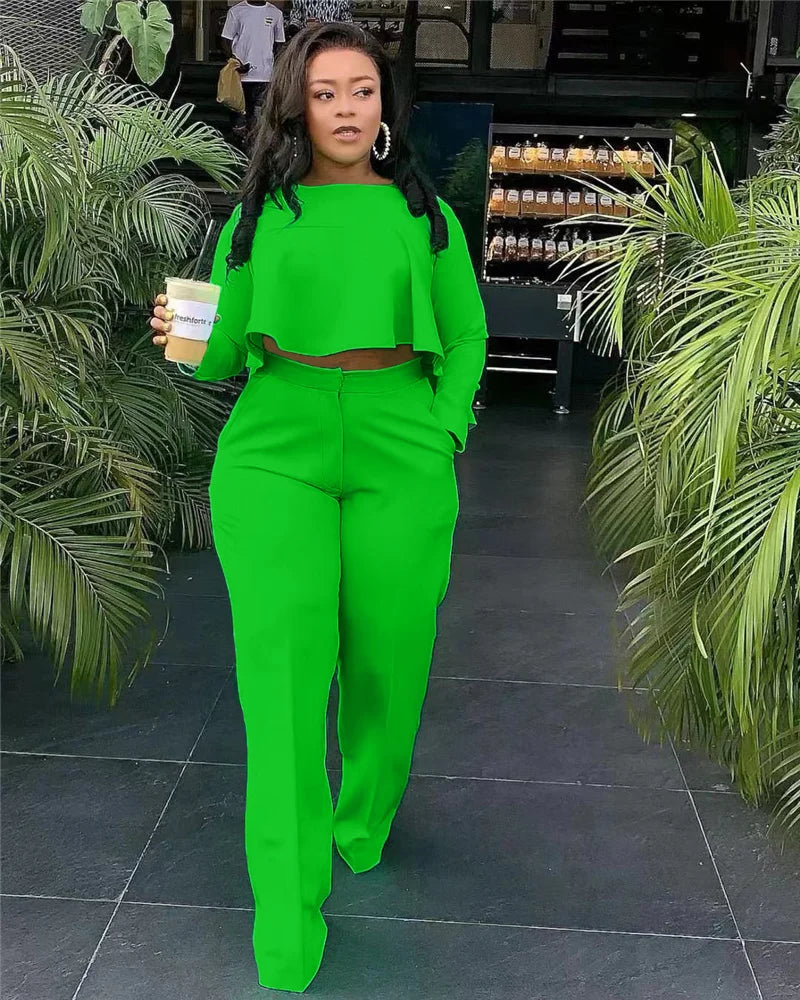Women's Two Piece Ruffle Crop Top and Wide Leg Pants Set